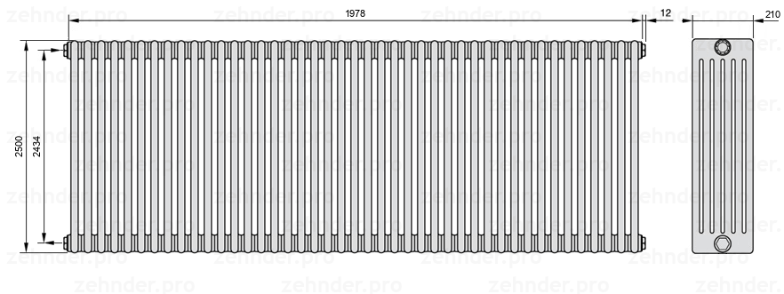Схема (чертеж) Радиатор Zehnder Charleston 6250/43 №1270 Белый глянцевый RAL 9016